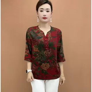 夏季新款大码妈妈装时尚洋气宽松七分袖T恤女小衫印花衬衫上衣
