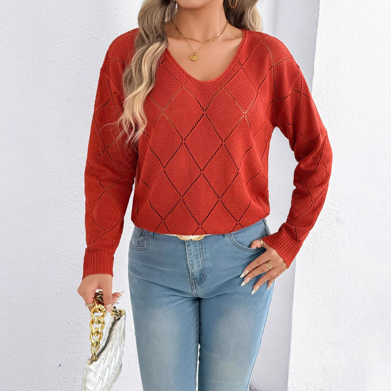European and American Amazon Cross-Border Export Women's Fashion Pure Color V-Neck Sexy Cut Out Plaid Long-Sleeved Knitwear European and American Amazon Cross-Border Export Women's Fashion Pure Color V-Neck Sexy Cut Out Plaid Long-Sleeved Knitwear