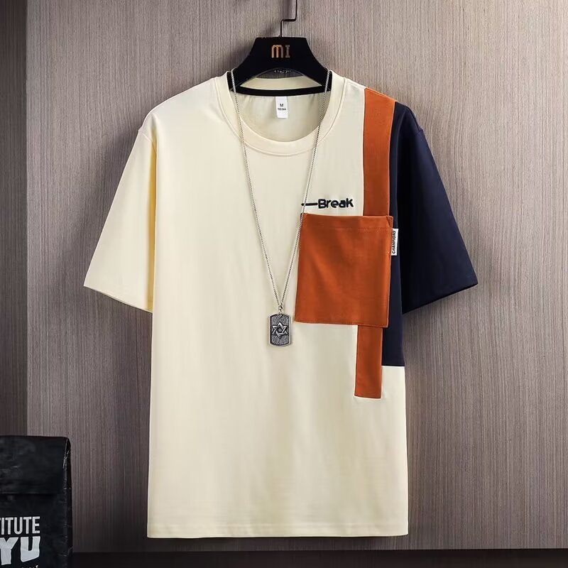 Camisa menos ropa costura de color de contraste camiseta de manga corta verano para hombres nueva tendencia de moda suelta chaqueta casual de manga de cinco puntos