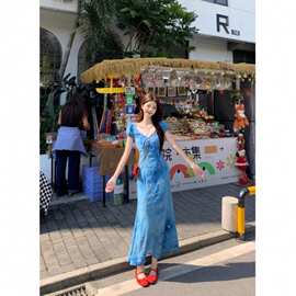 跨境夏新款法式高级感气质名媛风收腰显瘦连衣裙女中长裙度假裙