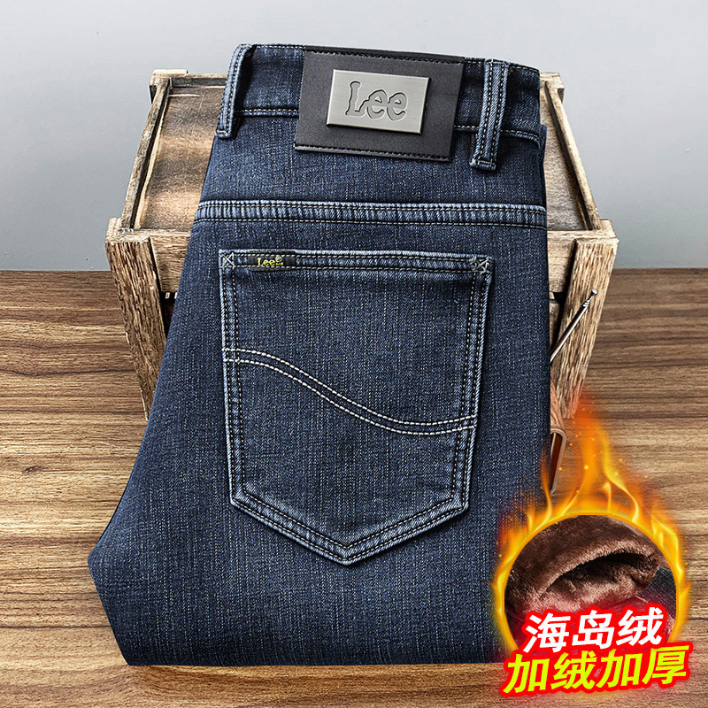 Lee Dex Jeans Men's Velvet Thickeneded Winter Warm Straight Leg Loose Middle-Aged Business Casual Stretch Pants