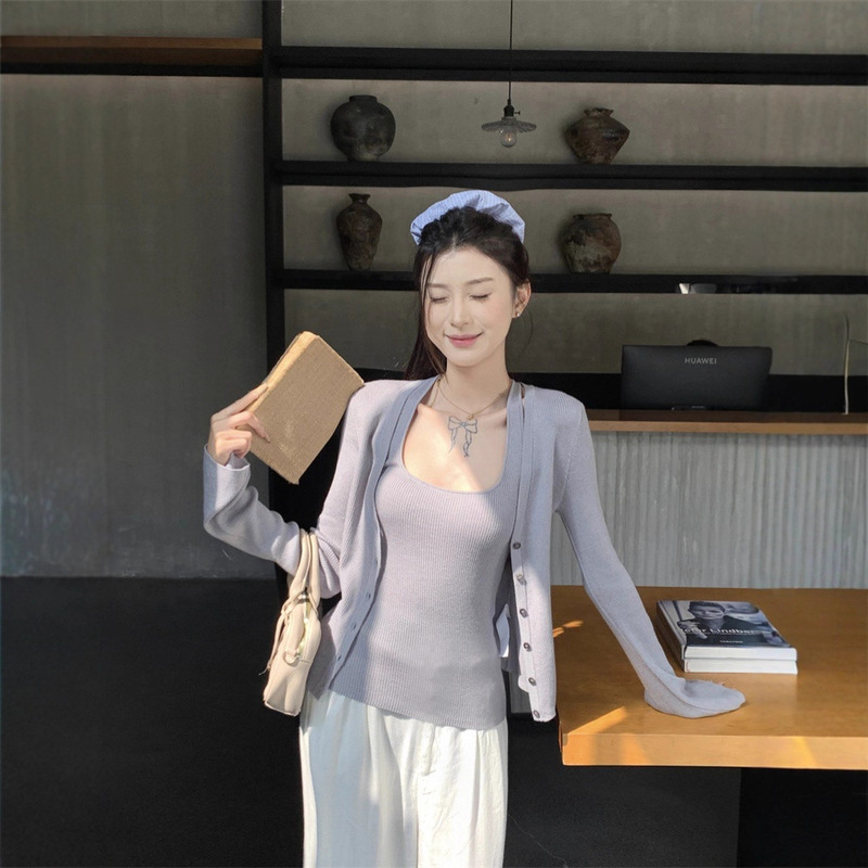 针织开衫外套两件套装女春秋长袖挂脖吊带背心上衣|undefined
