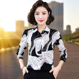 洋气印花减龄休闲翻领长袖单排扣开衫衬衫女春秋中年妈妈雪纺衬衣