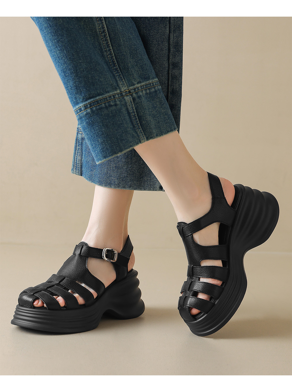 Sandal La Mã đế rỗng dệt mũi kín da thật gót cao 9 cm — đen chi tiết 13