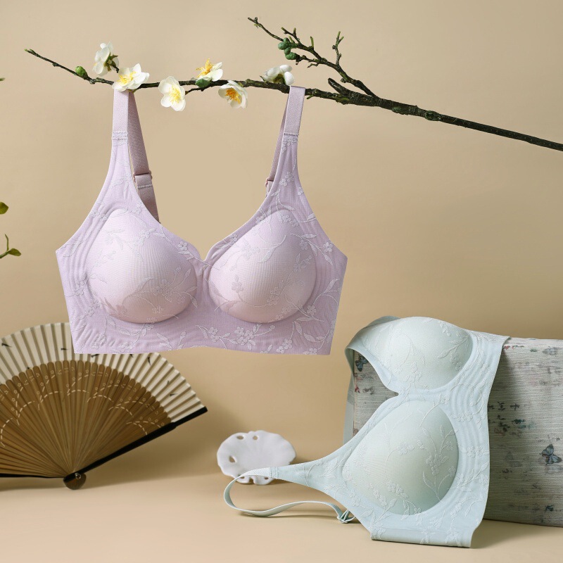 New Chinese Style Embossed Summer Thin Seamless Underwear Women's Push-Up Breathable Invisible Breast-Retracting Bra