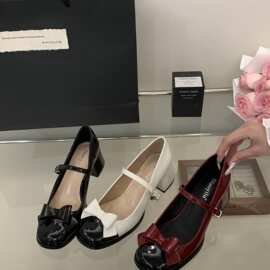 白色高跟玛丽珍鞋旗袍法式一字带蝴蝶结酒红色婚鞋浅口粗跟单鞋女