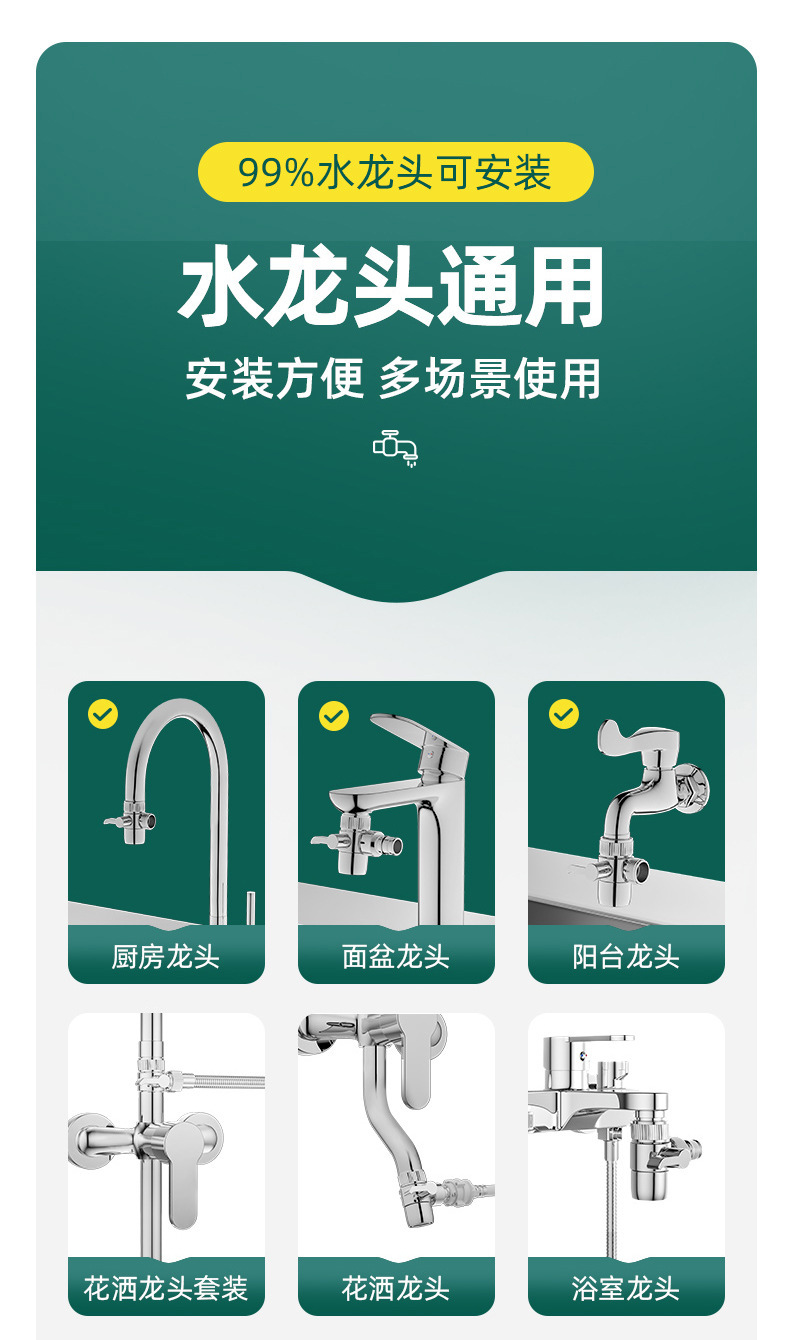 The faucet is externally connected to a water distributor with one inlet and two outlets, a showerhead, a sink, a washbasin, a faucet, a water distributor, a valve, and a bubble maker Application Scenario
