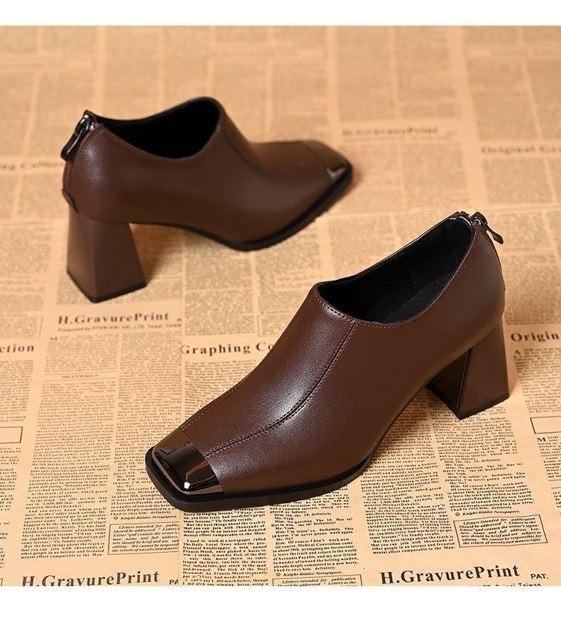 Zapatos de mujer cuadrados de cabeza profunda zapatos individuales de mujer tacones gruesos de piel suave zapatos de tacones altos de mujer no se cansan pies cruzados