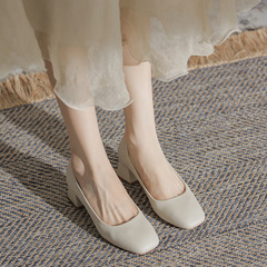 粗跟單鞋女2022新款春秋舒適百搭仙女風軟皮淺口光板方頭中跟女鞋