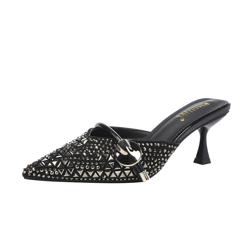 2026 nuevos tacones delgados zapatillas de tacones altos para mujeres de verano con una palabra con una cabeza de diamante de agua con zapatillas de media cabeza