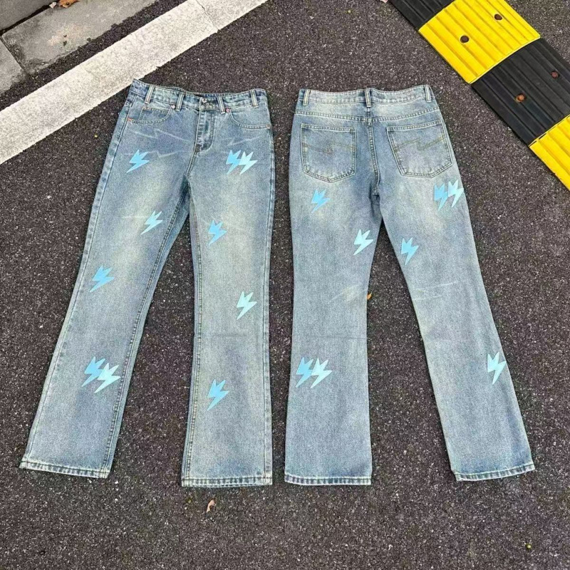 Pure Original Replica Light Luxury American High Street Lightning Embroidery Blue Bootcut Jeans Fashionable Slim Straight Long Pants Pure Original Replica Light Luxury American High Street Lightning Embroidery Blue Bootcut Jeans Fashionable Slim Straight Long Pants