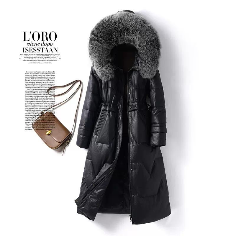 跨境海宁绵羊皮羽绒服女秋冬新款大毛领加厚长款收腰厚外套大码批