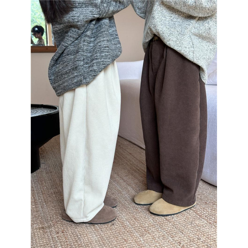 어린이 바지 2024 겨울 세트 어린이 원피스 벨벳 코듀로이 바지 따뜻한 기모 소년 소녀를위한 캐주얼 바지