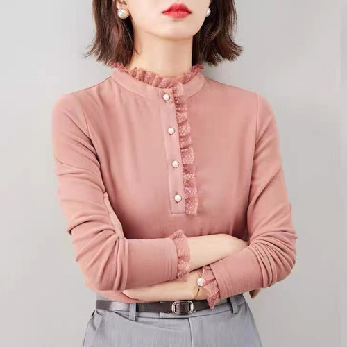 Threaded German velvet autumn and winter base shirt for women with stand-up collar, lace, velvety, thick long-sleeved inner top, fashionable and mature