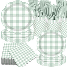 跨境热卖鼠尾草绿清新花边异形纸盘一次性印花餐巾生日派对装饰