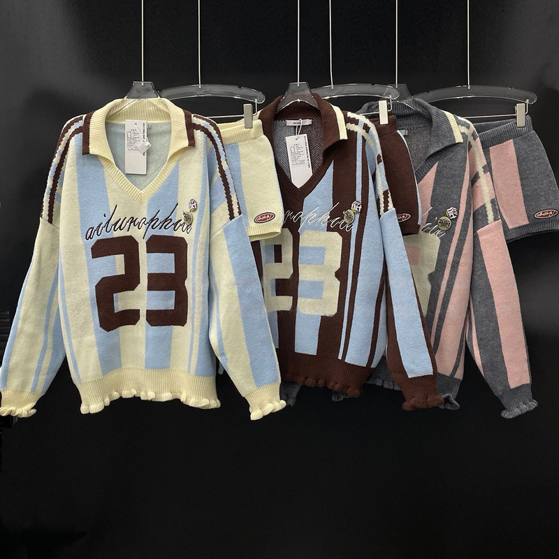 2026 Autumn New Vintage Striped Sweater Two-Piece Set for Women with Embroidered Numbers Loose Knit Shorts Outfit