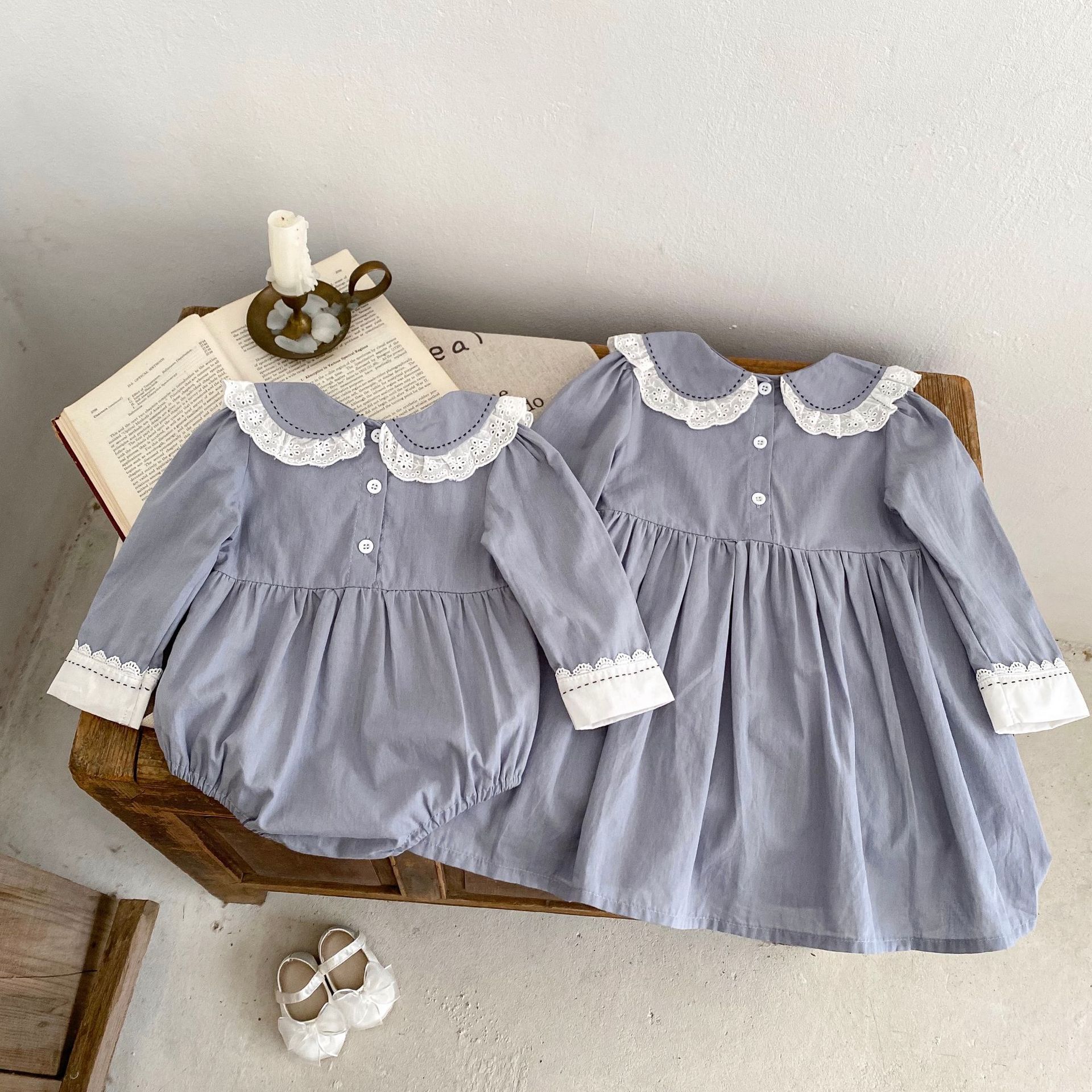 INS 2024 Herbst Baumwolle Klasse A Schwestern Mädchen Baby Spitze Puppe Hals Langarm Furz Gewickelt Romper + Rock_voghion.com