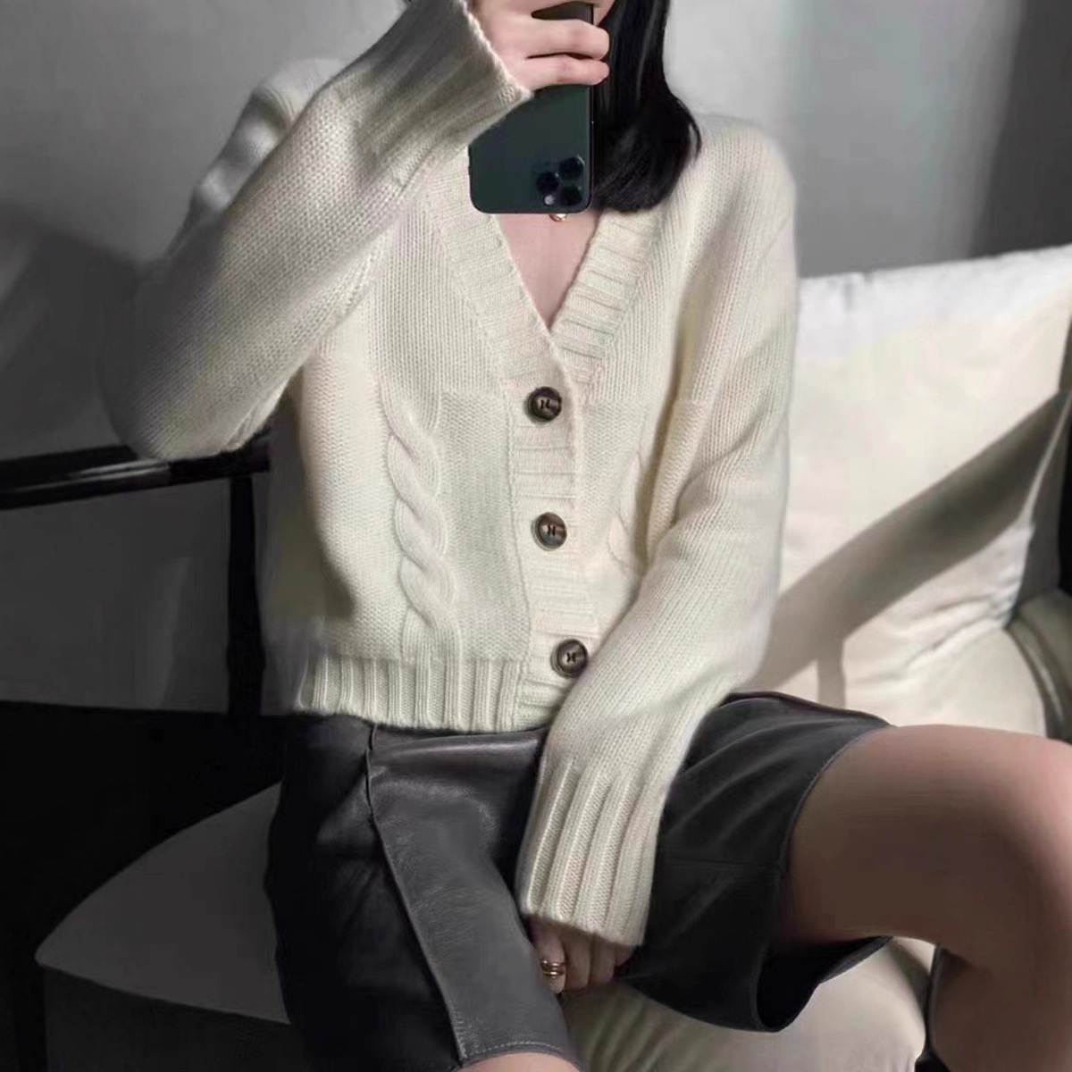 Korean Style Imitation Cashmere Pure Color V Neck Knitted Cardigan Outer Wear Loose Slimming Look Casual Versatile Twist Sweater Jacket for Women