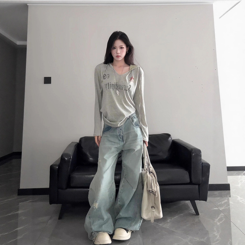 American Retro Sexy V-Neck Long-Sleeved T-Shirt Sun Protection Blouse for Women Early Autumn Hooded Thin Style Old Design Women's Fashion Trend