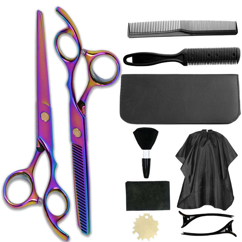 Tijeras de peluquería al por mayor del fabricante, juego de peluquería de 12 piezas de acero inoxidable, dientes planos profesionales para cortar y adelgazar flequillo