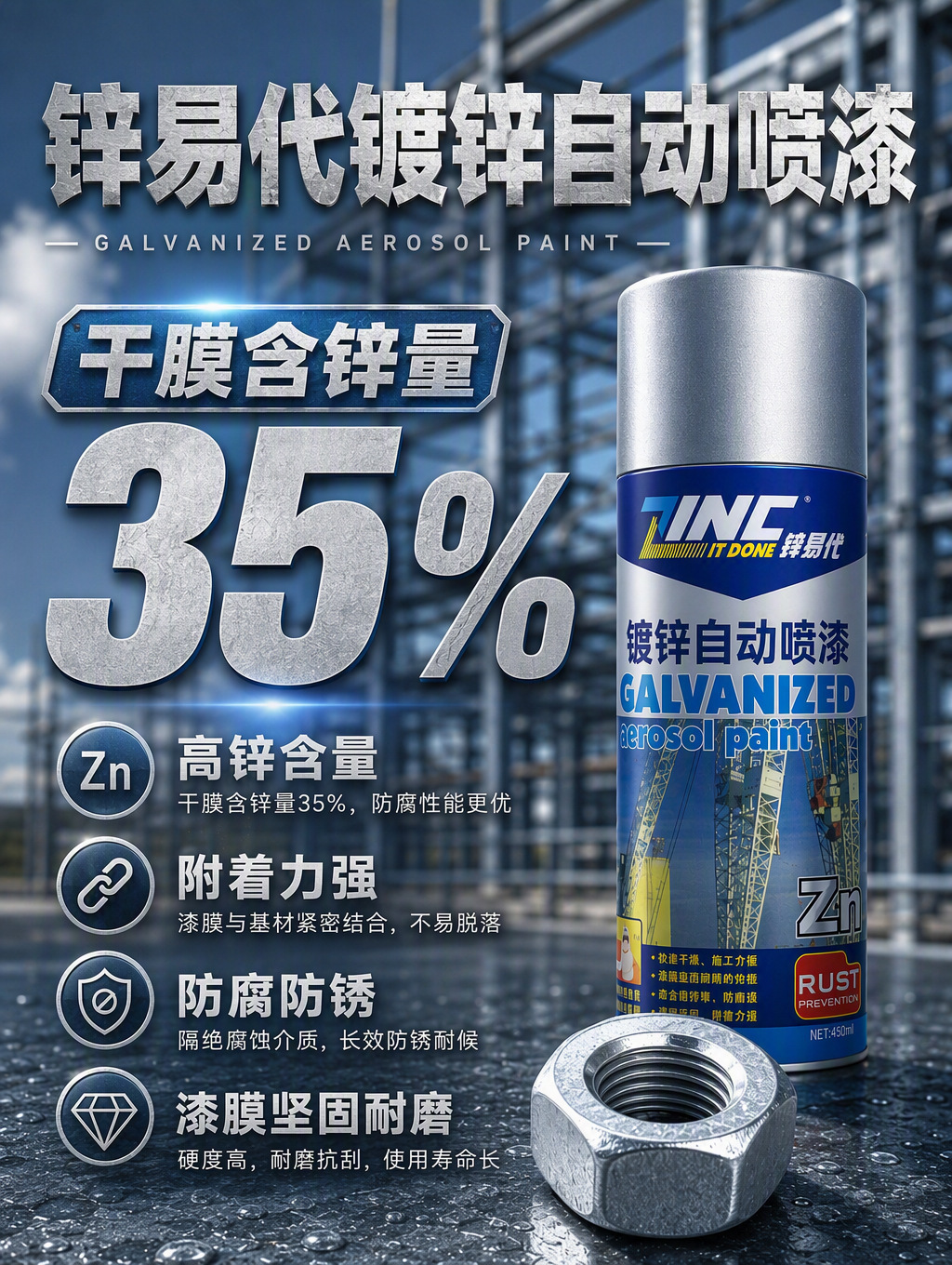 Zinc Easy Substitute Galvanized Spray Paint 35% for Steel Structures and Galvanized Pipes, Special Anti-Corrosion and Anti-Rust Repair and Renovation Hand Spray Paint