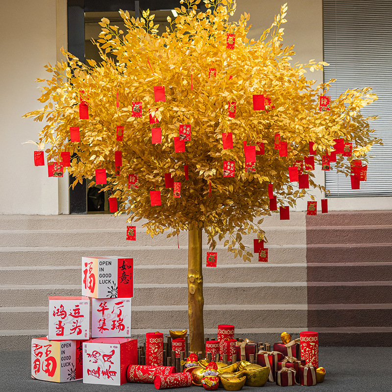 Artificial Golden Banyan Tree Money Wishing Tree Large Fake Tree Internet Celebrity Decoration Fortune Tree New Year Blessing Red Envelope Money Tree