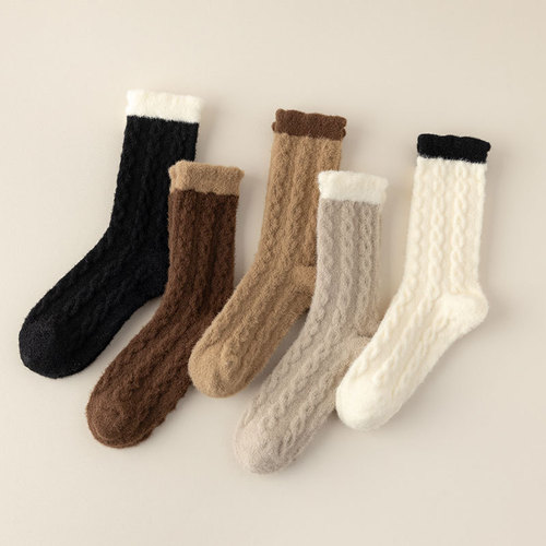Thick Warm Wool Mid-Calf Socks for Women, Winter Floor Socks, Mauve Color Series, Pile Socks, Warm Towel Socks