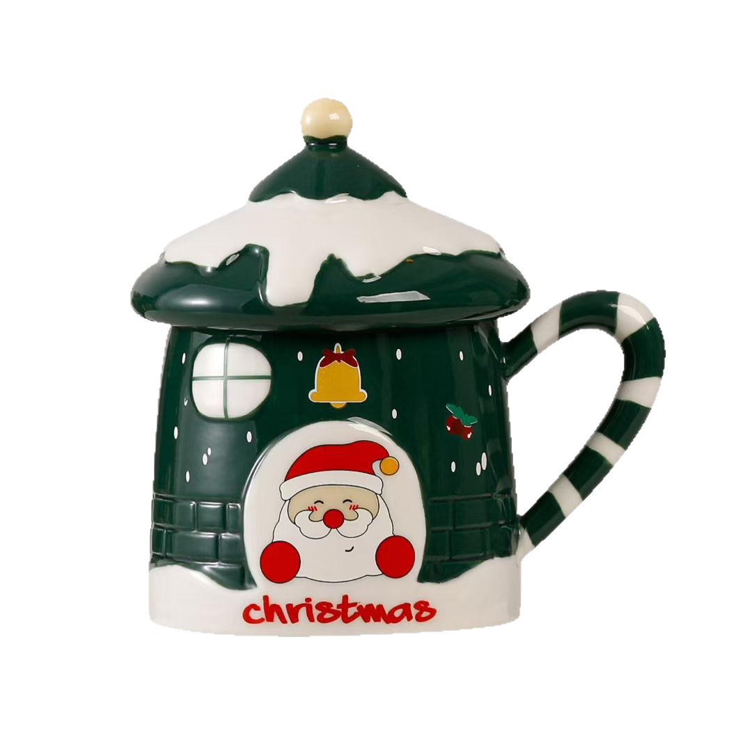Casa de Navidad de dibujos animados creativos de viejos tazas de cerámica regalo de acompañante lindo taza de agua con tapa taza de alto valor de cara taza transfronteriza