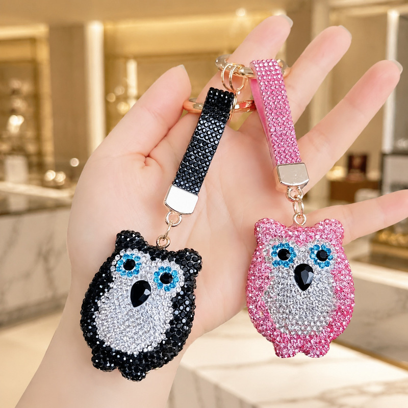 Luxury soft clay owl keychain with diamonds, cute plush toy, personalized bag pendant, car key pendant
