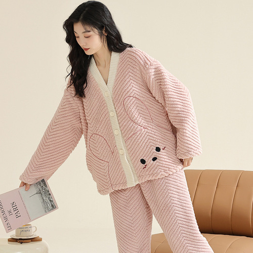 Pajamas for women in autumn and winter thickened velvet coral velvet cardigan style flannel warm two-piece home wear new style