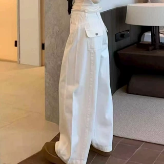 白色美式弯刀牛仔裤女2026夏薄新款高腰显瘦小众设计休闲阔腿裤子