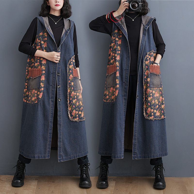 Retro Washed Large Size Denim Jacket 2025 Autum Casual Loose Denim Long Vest Jacket Slimming Look
