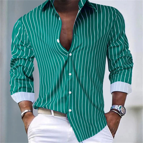 Men's Shirts, Foreign Trade Cross-Border Men's Clothing, Autumn and Winter Striped Lapel Cardigans, Youth Long-Sleeved Shirts, Light Luxury and High-End Feel