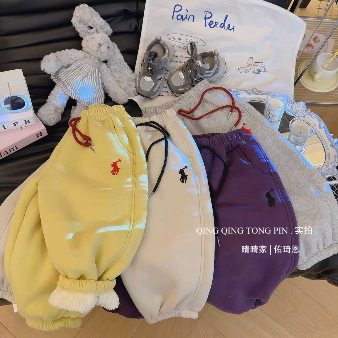 [Толстый кашемир] Простой дикий мелкий логотип вышивка утолщение один кашемировые хлопчатобумажные брюки