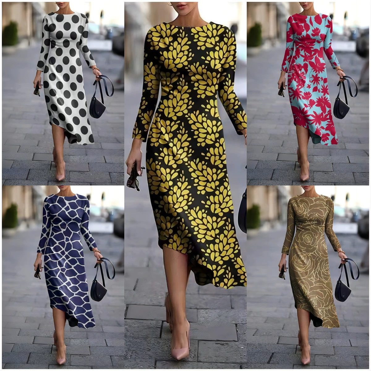 Бренд 2022, Осеннее женское платье-юбка из спандекса в европейском и американском стиле, с высоким воротом и круглым вырезом, трапециевидной юбкой