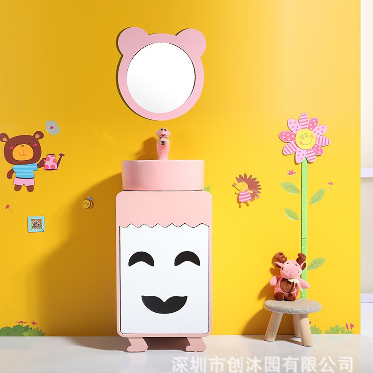 Kindergarten niños lavabo gabinete combinación doble lavabo cerámica dibujos animados lindo color baño lavabo mesa de lavado