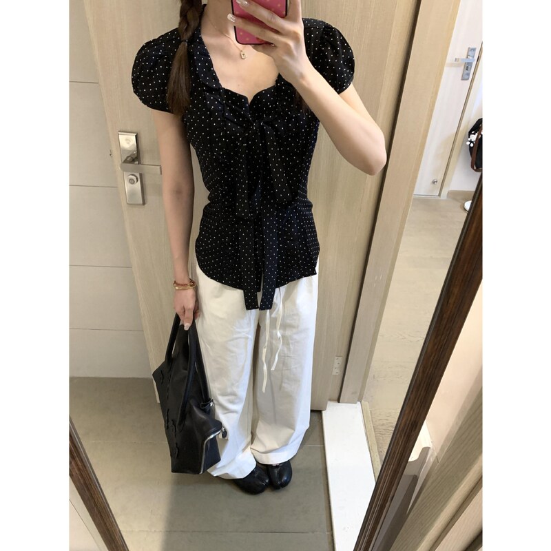 法式复古波点蝴蝶结短袖衬衫女夏季设计感小众修身显瘦泡泡袖上衣|undefined