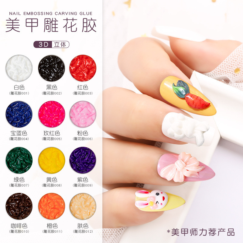 12-Color Nail Art Carving Gel 3D Three-Dimensional Design Non-Stick Black and White Embossed Nail Polish Flower Clay Painting Nail Salon