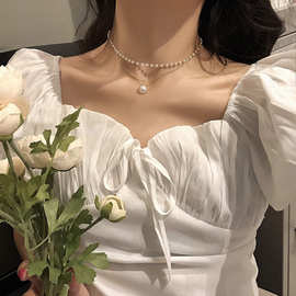 韩国双层大吊坠珍珠项链女百搭锁骨链气质简约小众设计颈链饰品