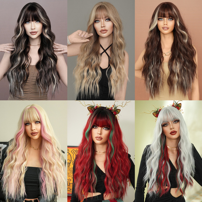 European and American Women's Stretch Dye Gold Long Curly Hair Wig Big Wave Skunk Striped Wig Fashion Christmas Chemical Fiber Wig