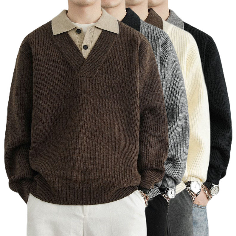 Explosiones transfronterizas de tamaño europeo tamaño grande polo solapa falsa dos piezas camisetas de punto suéter hombre viejo viento otoño invierno fábrica al por mayor