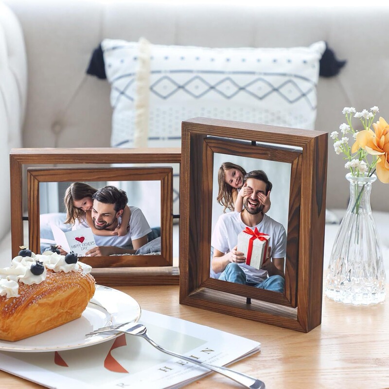 Wooden Photo Frame Table Double-Sided Solid Wood Rotating Plexiglass Rustic Carbonized Brown Rotatable Photo Frame Wooden Photo Frame Table Double-Sided Solid Wood Rotating Plexiglass Rustic Carbonized Brown Rotatable Photo Frame