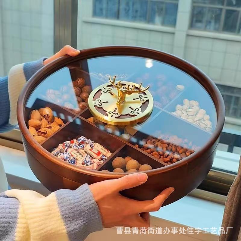 無垢材ドライフルーツボックス中国風ラウンド九方格子キャンディナッツプレートクルミカラーパーティションコーヒーテーブルスナックキャンディプレート|undefined
