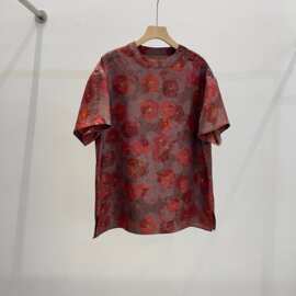 P299348WD6.22 夏季新款花朵提花真丝上衣复古落肩廓形侧开叉T恤