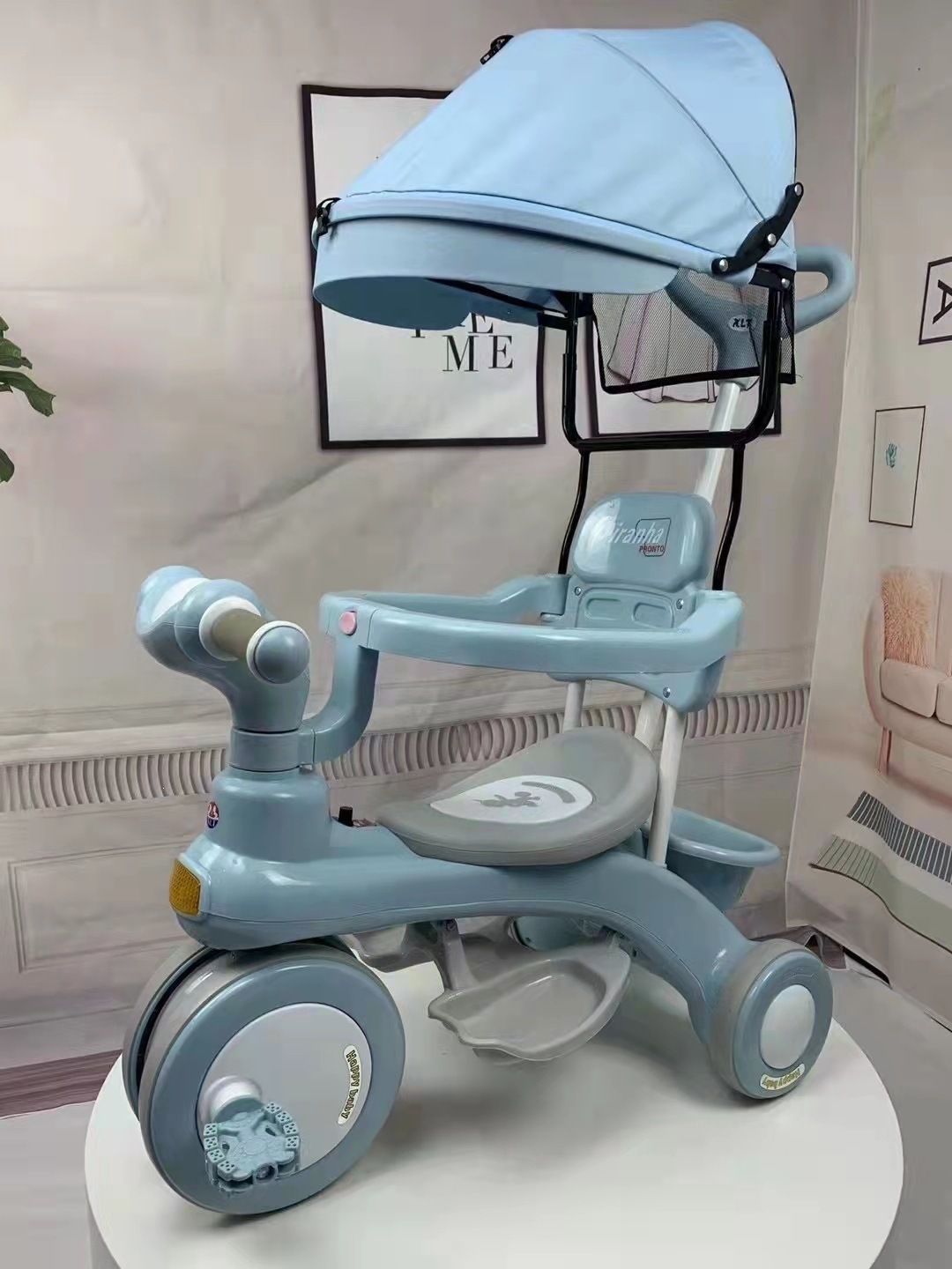 Triciclo de Empuje para Niños de 1 a 6 Años de Plástico con Barandillas y Toldo
