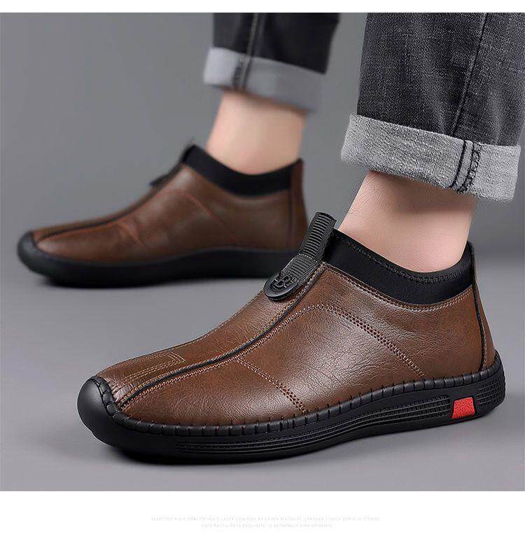 Bốt nam cổ trung lót lông giữ ấm chống trượt, giày da lười đế bằng — giày nâu, giày đen, Lông cừu đen, Màu nâu cộng với nhung chi tiết 23