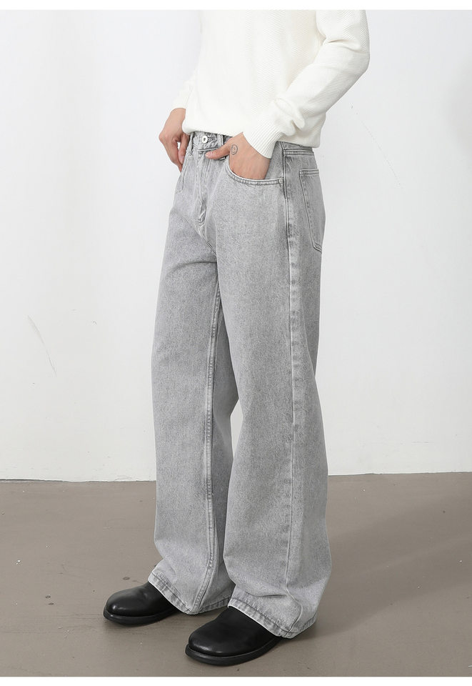 Quần jean nam ống rộng dáng suông thoải mái kiểu Mỹ, vải denim xử lý giặt mài, lưng trung, dài quần — Xanh da trờicolor, Xám đen, màu xám nhạt chi tiết 10