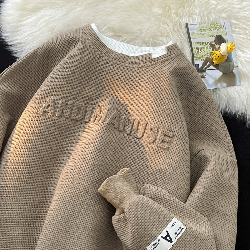 Felpa con cappuccio verde avocado da uomo alla moda, stile waffle, con cappuccio, girocollo, finto due pezzi, a maniche lunghe, oversize_voghion.com