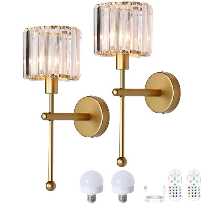 Modern glass crystal wall lamp golden rechargeable wall light with remote control for bedroom bathroom living room