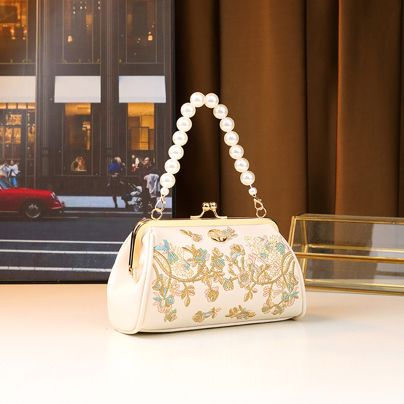 Bolsa bordada com corrente de pérolas, modelo transversal, elegante, para usar embaixo do braço, ideal para cheongsam, tamanho médio, em couro PU, com vários compartimentos._voghion.com